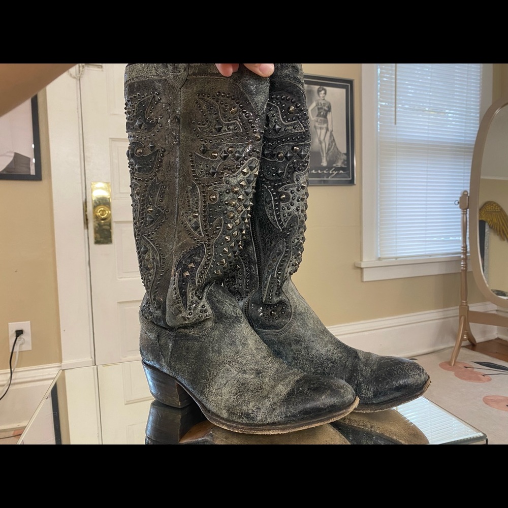 Vintage look Frye Boots with studs. Sz. 9. Faded black, grey, silver colors.